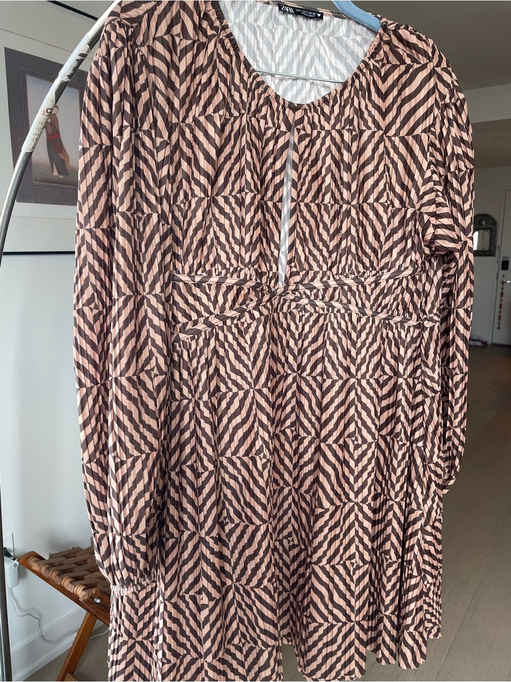 Zara Neutral Pleated Zebra-Print Dress in Beige and Taupe